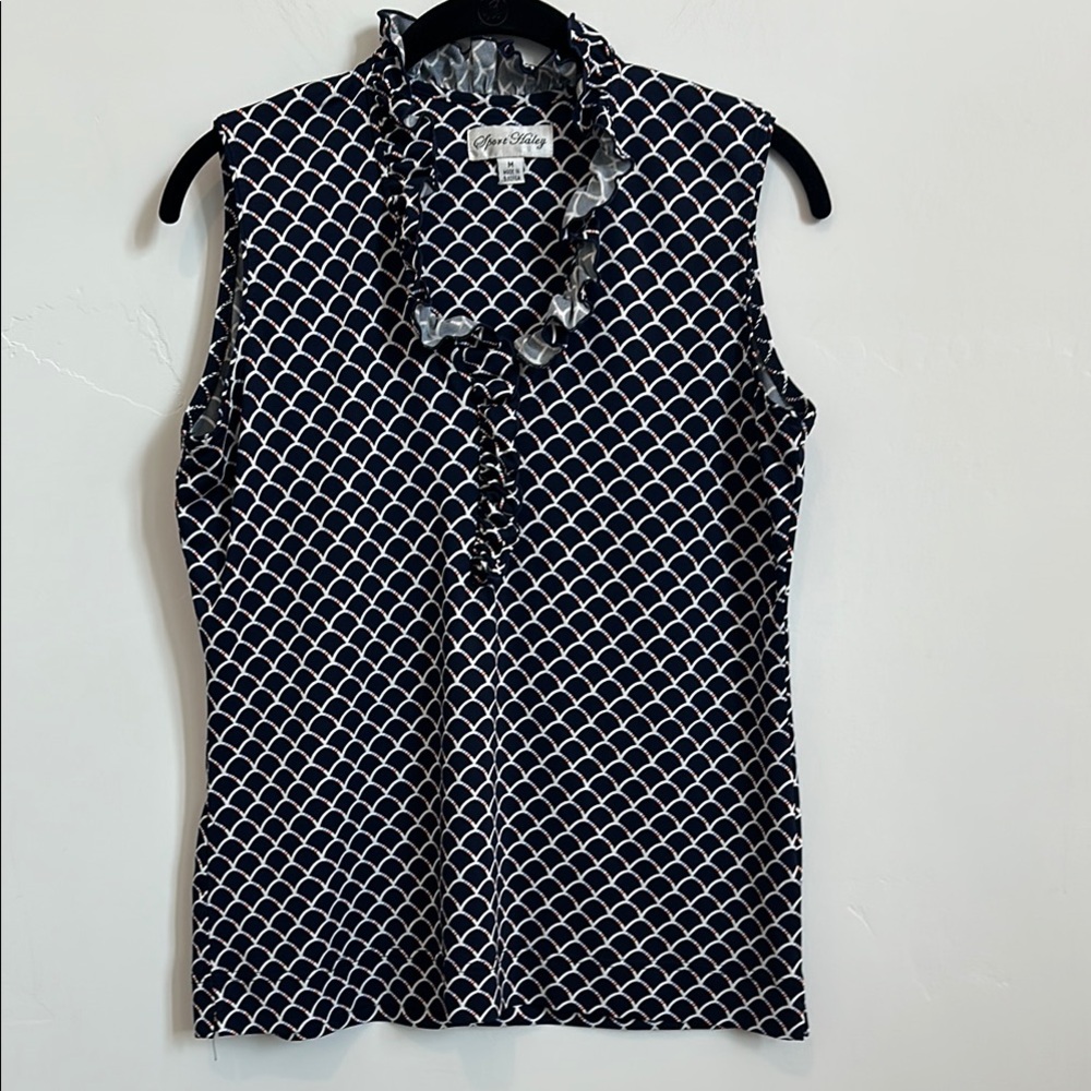 Sport Haley Navy Sleeveless Golf Shirt, Red, White & Blue Scallop Print, Medium